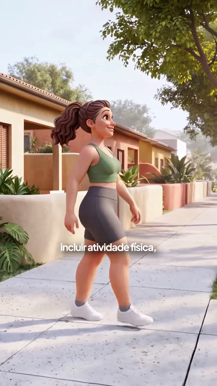 A mesma protagonista caminha em ambiente externo, com roupa esportiva.