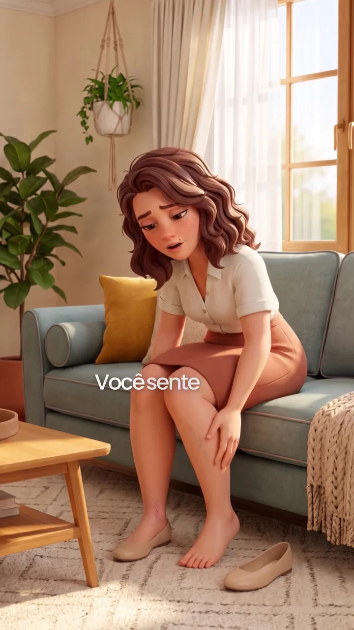 Personagem sentada no sofá, tocando a perna.
