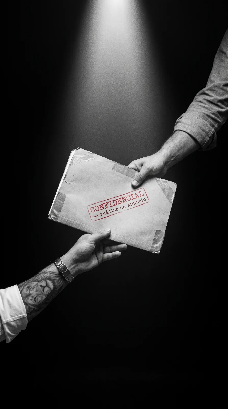 Mãos entregam um documento marcado como confidencial sob um facho de luz.