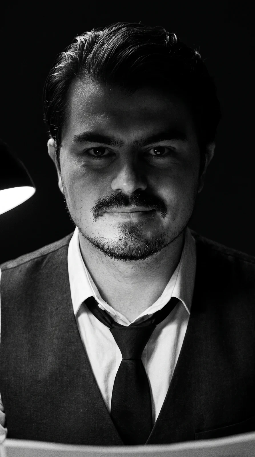 Retrato frontal do investigador em preto e branco, com luz dramática.