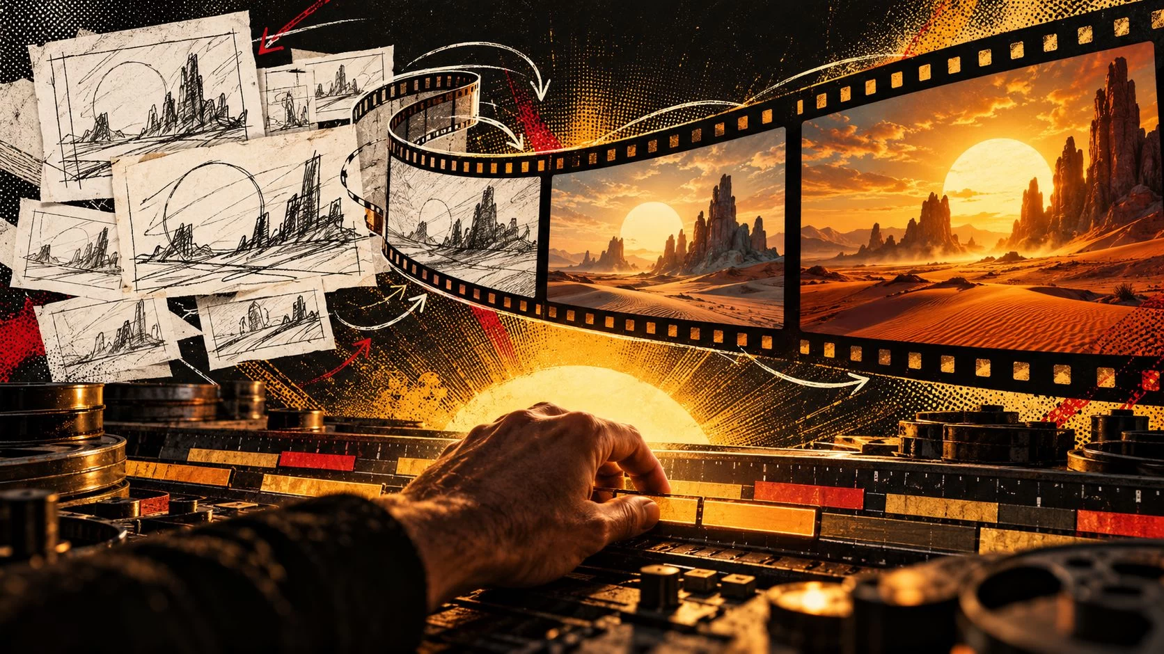 Ilustração em amarelo e carvão: storyboards de um deserto se transformam em fotogramas de filme sobre uma ilha de edição, guiados por uma mão humana.